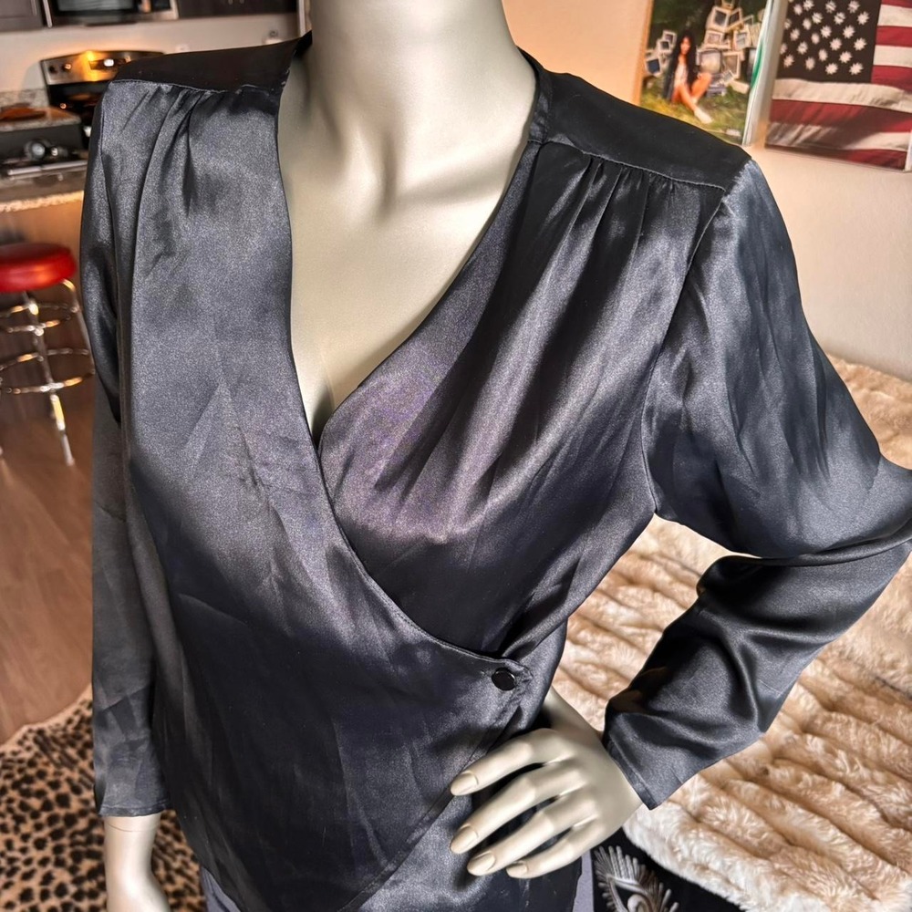 Black Satin Wrap Blouse Office Siren Y2K Long Sleeve Top Vintage